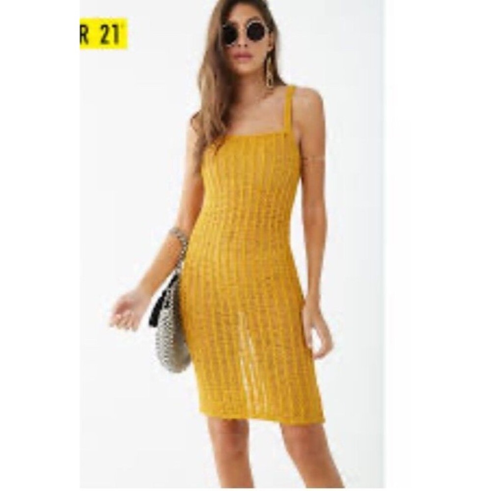 Forever 21 Contemporary Mustard Yellow Open Knit Midi Dress Swim Coverup Sz S
